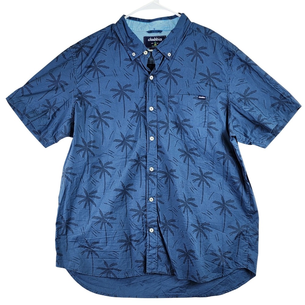 Chubbies Palm Tree Print Button Down Shirt Men XL Blue Tropical Beach Casual
